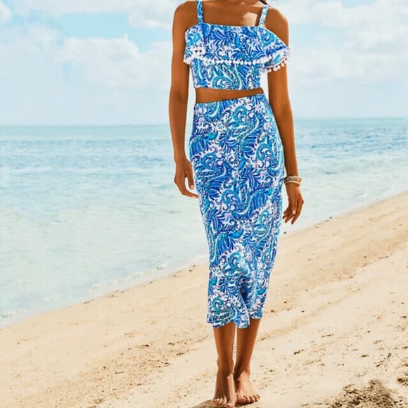 Lilly Pulitzer Dresses & Skirts - Lilly Pulitzer Blue and Pink Paisley Flamingo Summer Two Piece Skirt Set